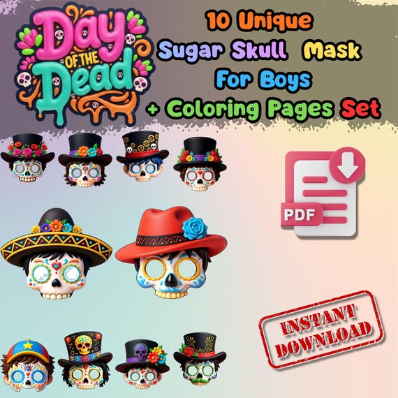 10 Sugar Skull Boy Masks Set, Kids Halloween Party Activity, Classroom Craft Screen Free (PDF)