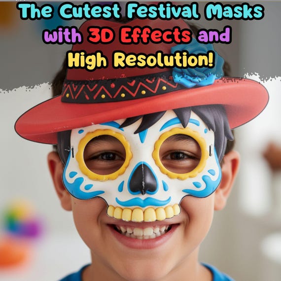 10 Sugar Skull Boy Masks Set, Kids Halloween Party Activity, Classroom Craft Screen Free (PDF) - görsel 3