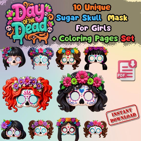 10 Sugar Skull Girl Masks Set, Kids Halloween Party Activity, Classroom Craft Screen Free (PDF)