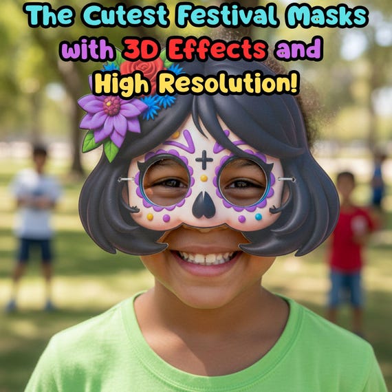 10 Sugar Skull Girl Masks Set, Kids Halloween Party Activity, Classroom Craft Screen Free (PDF) - görsel 3