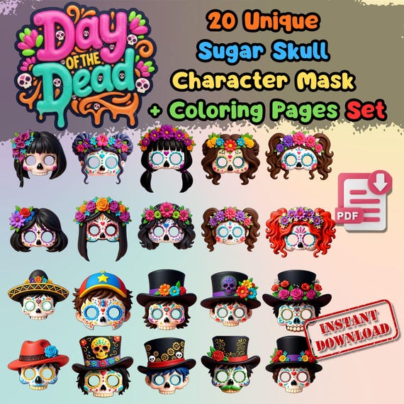 20 Sugar Skull Masks Set, Kids Halloween Party Activity, Classroom Craft, Screen Free (PDF)
