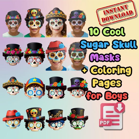 20 Sugar Skull Masks Set, Kids Halloween Party Activity, Classroom Craft, Screen Free (PDF) - görsel 3