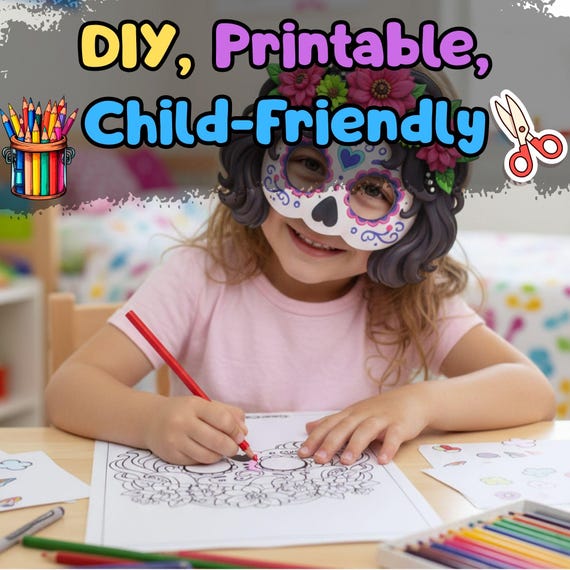 20 Sugar Skull Masks Set, Kids Halloween Party Activity, Classroom Craft, Screen Free (PDF) - görsel 5
