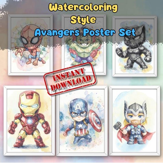 Avengers Watercolor Poster Set 6 Designs, Kids Room Wall Art, Superhero Nursery Decor, Instant Download PDF