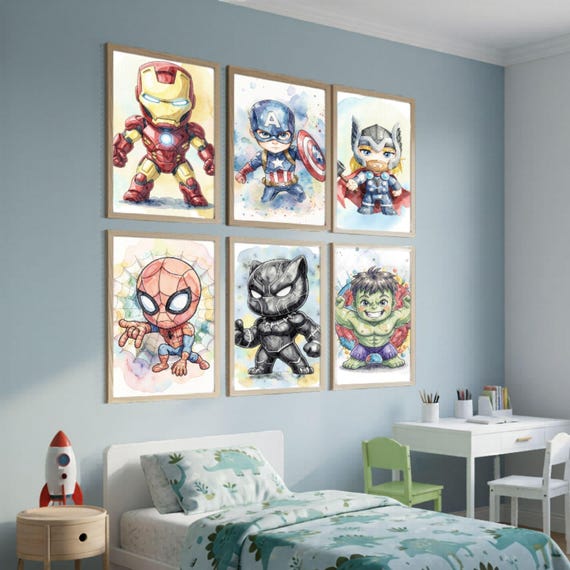 Avengers Watercolor Poster Set 6 Designs, Kids Room Wall Art, Superhero Nursery Decor, Instant Download PDF - görsel 2