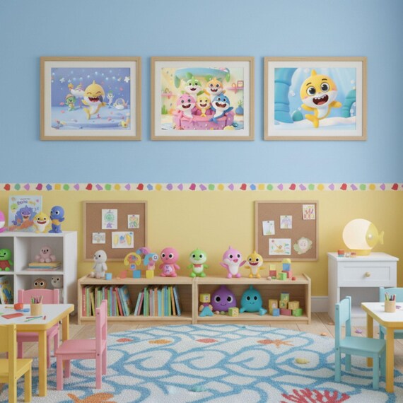 Baby Shark Kawaii Art Print Set, Nursery Decor, Cartoon Shark Poster (Digital Download)