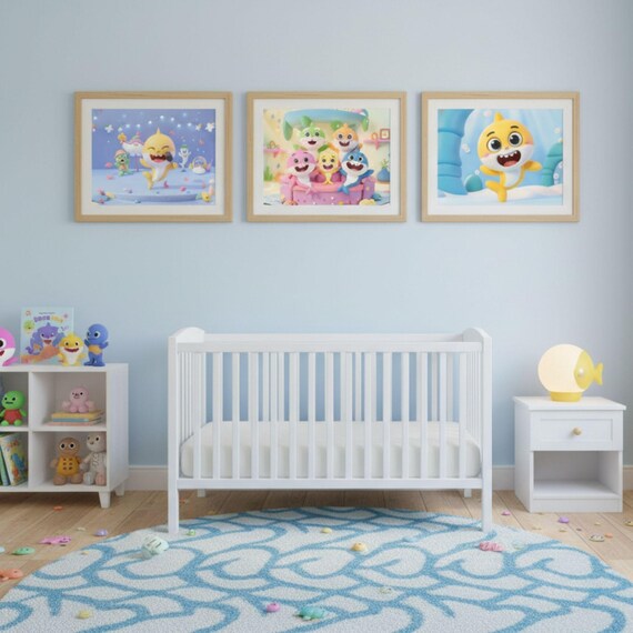 Baby Shark Kawaii Art Print Set, Nursery Decor, Cartoon Shark Poster (Digital Download) - görsel 2