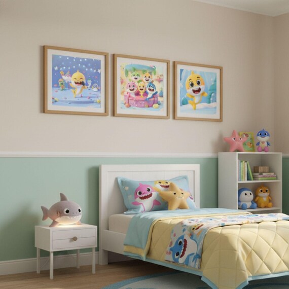 Baby Shark Kawaii Art Print Set, Nursery Decor, Cartoon Shark Poster (Digital Download) - görsel 4