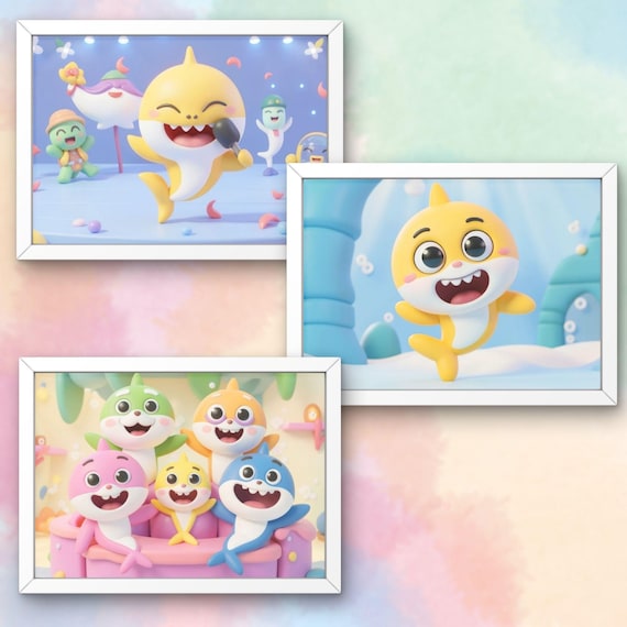 Baby Shark Kawaii Art Print Set, Nursery Decor, Cartoon Shark Poster (Digital Download) - görsel 5