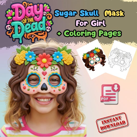 Cute Halloween Sugar Skull Mask+ Coloring Page for Girls, Day of the Dead Costume Accessory, Dia de los Muertos Face Mask