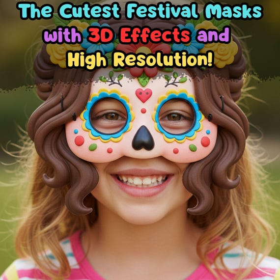 Cute Halloween Sugar Skull Mask+ Coloring Page for Girls, Day of the Dead Costume Accessory, Dia de los Muertos Face Mask - görsel 2