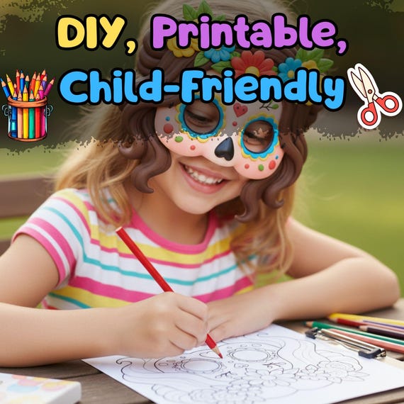Cute Halloween Sugar Skull Mask+ Coloring Page for Girls, Day of the Dead Costume Accessory, Dia de los Muertos Face Mask - görsel 3
