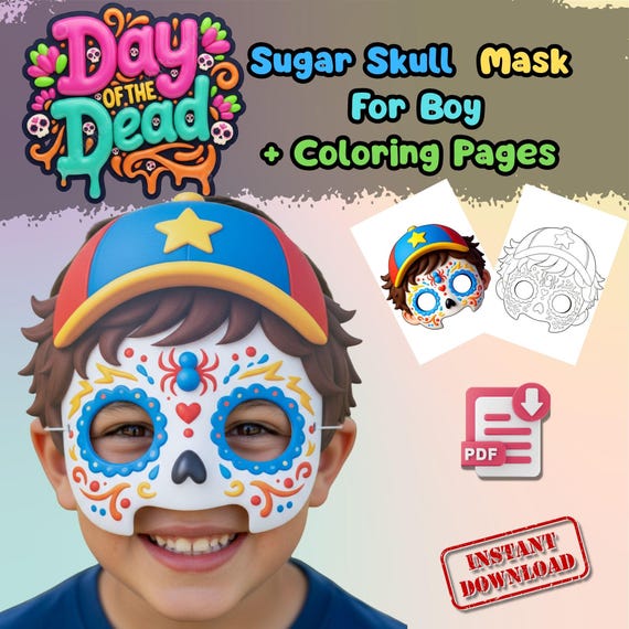Cute Sugar Skull Mask for Boys + Coloring Pages, Printable Day of the Dead, Halloween Costume