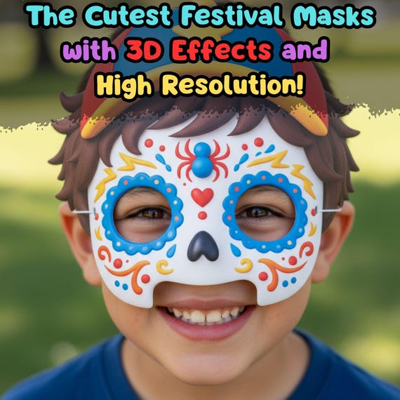 Cute Sugar Skull Mask for Boys + Coloring Pages, Printable Day of the Dead, Halloween Costume - görsel 2