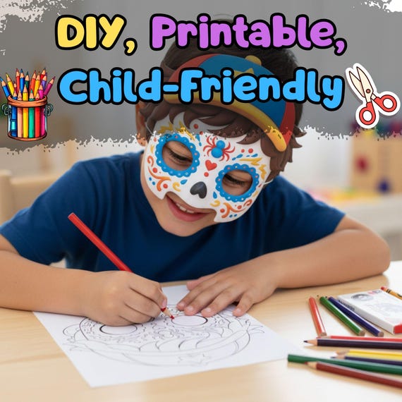 Cute Sugar Skull Mask for Boys + Coloring Pages, Printable Day of the Dead, Halloween Costume - görsel 3