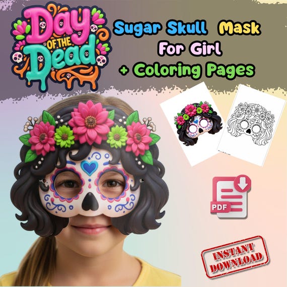 Cute Sugar Skull Mask for Girls with Coloring Pages, Day of the Dead Decor, Halloween Party Costume Accessory