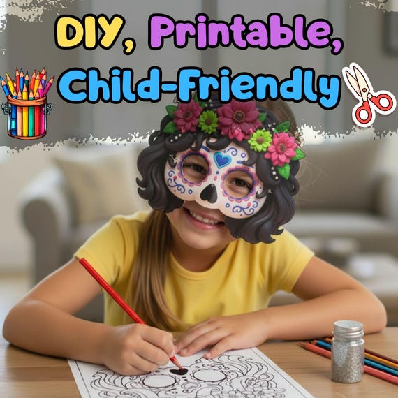 Cute Sugar Skull Mask for Girls with Coloring Pages, Day of the Dead Decor, Halloween Party Costume Accessory - görsel 2