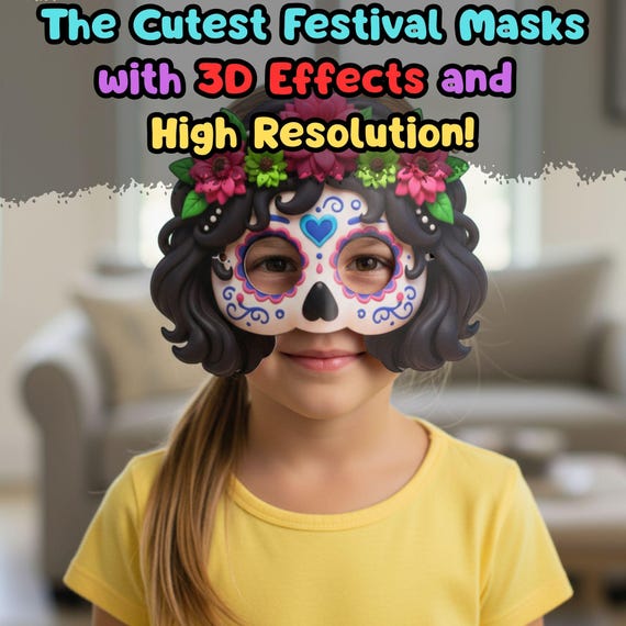 Cute Sugar Skull Mask for Girls with Coloring Pages, Day of the Dead Decor, Halloween Party Costume Accessory - görsel 3