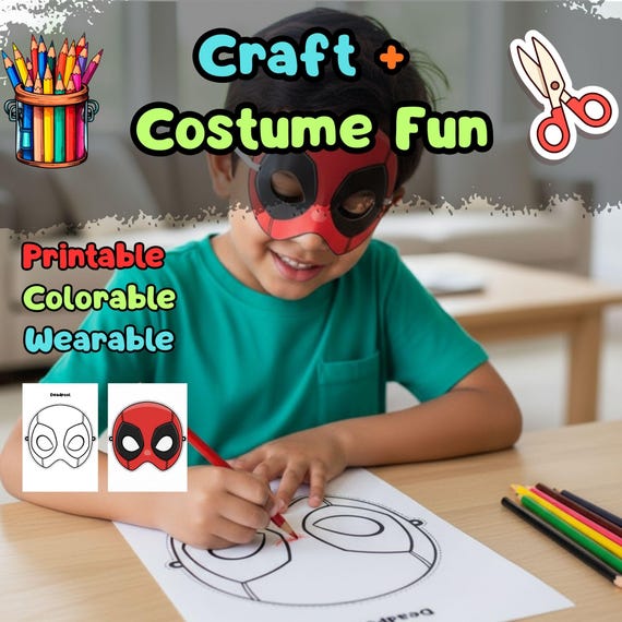 Deadpool Mask Printable, Kids Birthday Party Activity, Outdoor Garden Craft, Summer Party Favor PDF - görsel 2