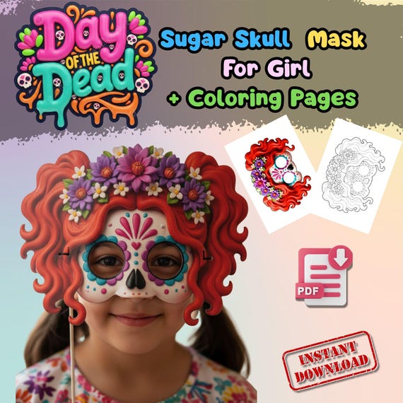 Ginger Hair Sugar Skull Mask for Girl, Day of the Dead Costume, Halloween Face Mask and Coloring Pages, Kids Party Accessory, Trick-or-Treat