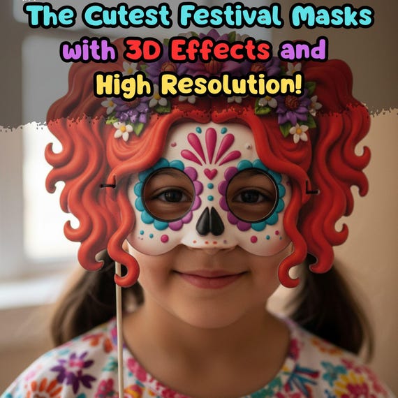 Ginger Hair Sugar Skull Mask for Girl, Day of the Dead Costume, Halloween Face Mask and Coloring Pages, Kids Party Accessory, Trick-or-Treat - görsel 3