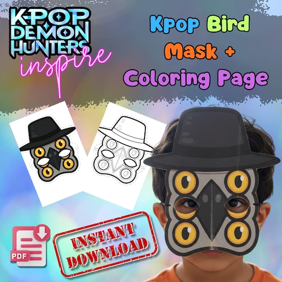 K-Pop Demon Bird Mask and Coloring Page, Printable Halloween Cosplay Activity (Digital Download)