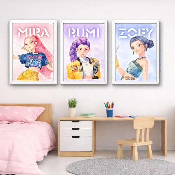 K-Pop Demon Hunters Poster Set Rumi Mira Zoey, Anime Girl Wall Art, Digital Download - görsel 2