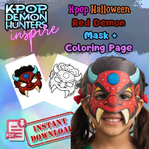 K-pop Dokkaebi Mask and Coloring Page, Red Blue Goblin Halloween Costume (PDF Download)