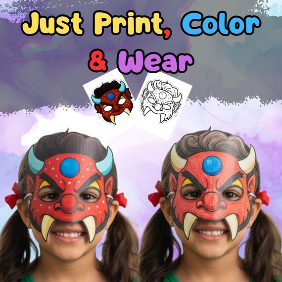 K-pop Dokkaebi Mask and Coloring Page, Red Blue Goblin Halloween Costume (PDF Download) - görsel 2