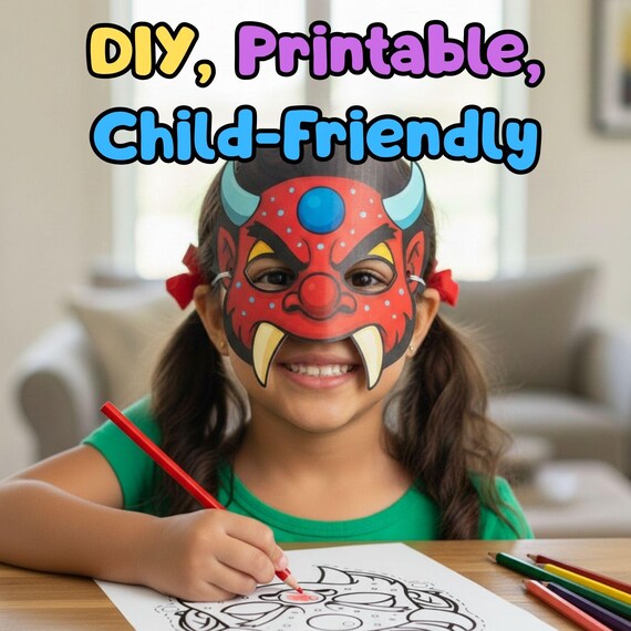 K-pop Dokkaebi Mask and Coloring Page, Red Blue Goblin Halloween Costume (PDF Download) - görsel 3