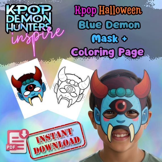 Kpop Blue Dokkaebi Demon Mask, Red Horns, One-Eyed Goblin Coloring Page (Digital Download)