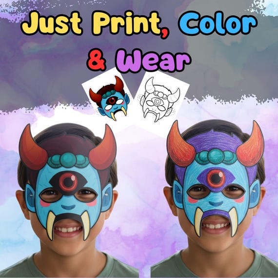 Kpop Blue Dokkaebi Demon Mask, Red Horns, One-Eyed Goblin Coloring Page (Digital Download) - görsel 2