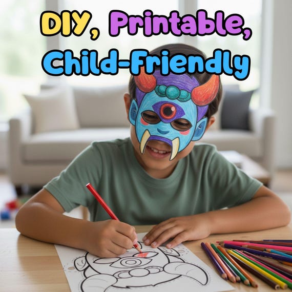 Kpop Blue Dokkaebi Demon Mask, Red Horns, One-Eyed Goblin Coloring Page (Digital Download) - görsel 3