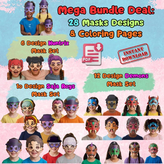KPop Demon Hunters 28 Mask Set Printable, Kids Birthday Party Activity, Outdoor Garden Craft PDF
