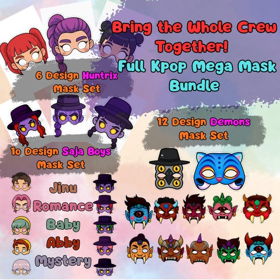KPop Demon Hunters 28 Mask Set Printable, Kids Birthday Party Activity, Outdoor Garden Craft PDF - görsel 4