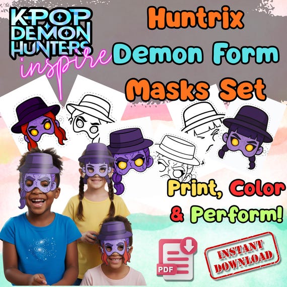 KPop Demon Hunters 28 Mask Set Printable, Kids Birthday Party Activity, Outdoor Garden Craft PDF - görsel 6