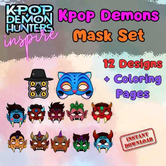 KPop Demon Hunters 28 Mask Set Printable, Kids Birthday Party Activity, Outdoor Garden Craft PDF - görsel 9