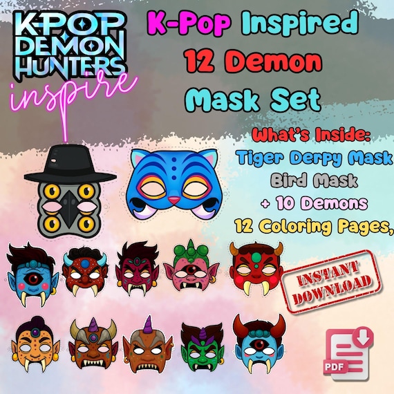 KPop Demon Mask Set 12 Designs Printable, Kids Birthday Party Activity, Outdoor Garden Craft PDF