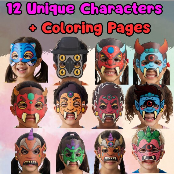 KPop Demon Mask Set 12 Designs Printable, Kids Birthday Party Activity, Outdoor Garden Craft PDF - görsel 2