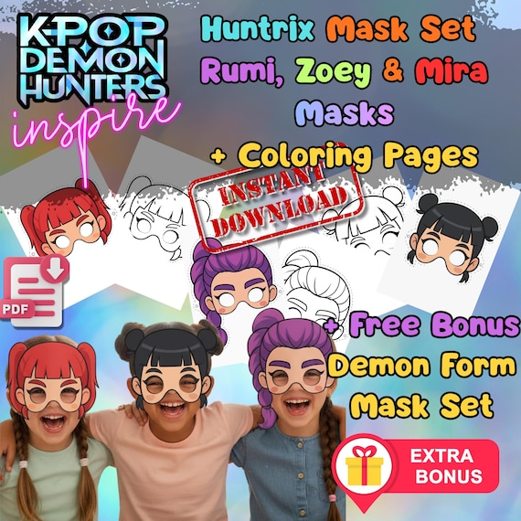 KPop Huntrix 6 Mask Set Printable, Kids Birthday Party Activity, Outdoor Garden Party Craft PDF