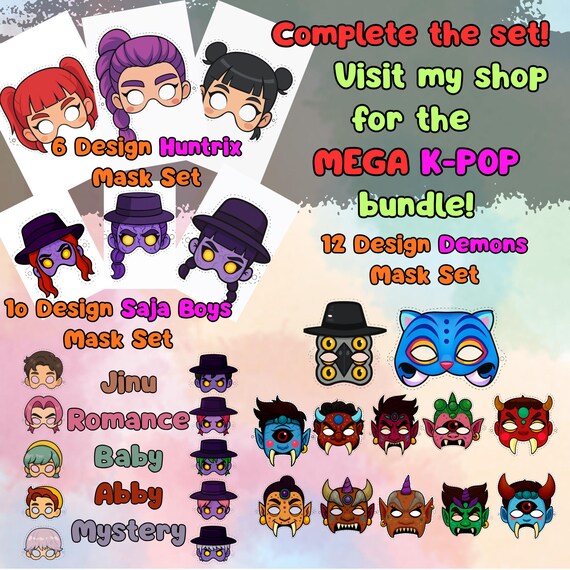 KPop Huntrix 6 Mask Set Printable, Kids Birthday Party Activity, Outdoor Garden Party Craft PDF - görsel 3