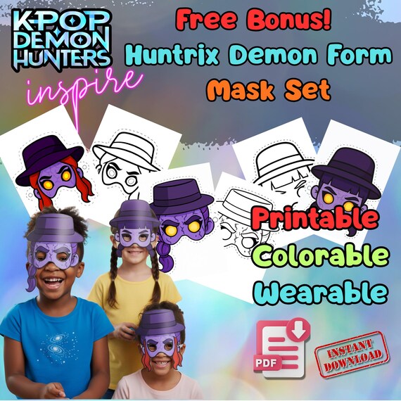 KPop Huntrix 6 Mask Set Printable, Kids Birthday Party Activity, Outdoor Garden Party Craft PDF - görsel 4