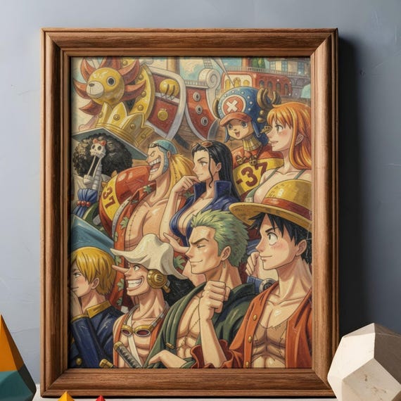 Luffy & Straw Hat Crew One Piece Portrait Poster, Oil Paint Style Anime Wall Art, Digital Download