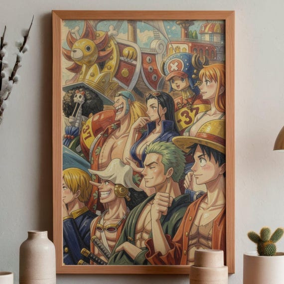 Luffy & Straw Hat Crew One Piece Portrait Poster, Oil Paint Style Anime Wall Art, Digital Download - görsel 2