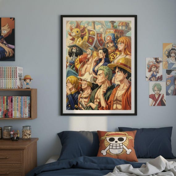 Luffy & Straw Hat Crew One Piece Portrait Poster, Oil Paint Style Anime Wall Art, Digital Download - görsel 3