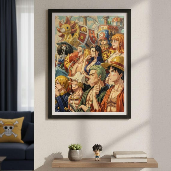 Luffy & Straw Hat Crew One Piece Portrait Poster, Oil Paint Style Anime Wall Art, Digital Download - görsel 4