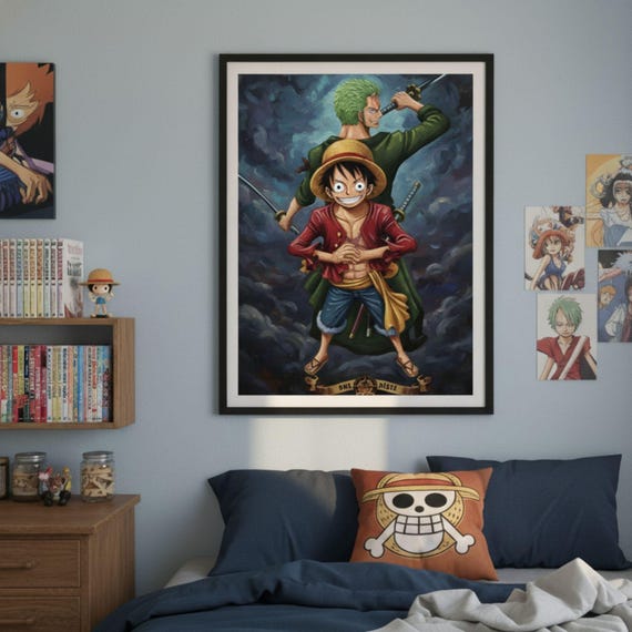 Luffy Zoro One Piece Poster, Oil Paint Style Anime Wall Art, Digital Download - görsel 2