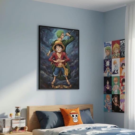 Luffy Zoro One Piece Poster, Oil Paint Style Anime Wall Art, Digital Download - görsel 3
