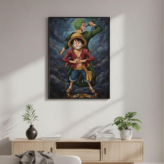 Luffy Zoro One Piece Poster, Oil Paint Style Anime Wall Art, Digital Download - görsel 4