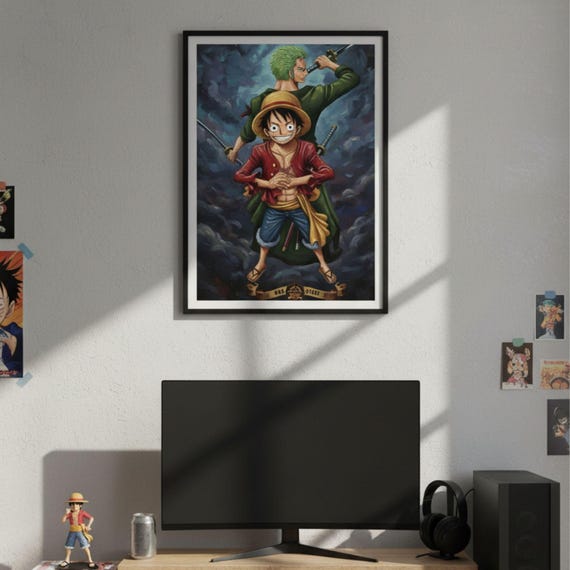 Luffy Zoro One Piece Poster, Oil Paint Style Anime Wall Art, Digital Download - görsel 5